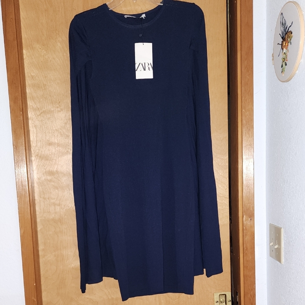 Zara Blue Faux Split Long Sleeve Dress w/ Elegant Design Open Back Form Fitting
